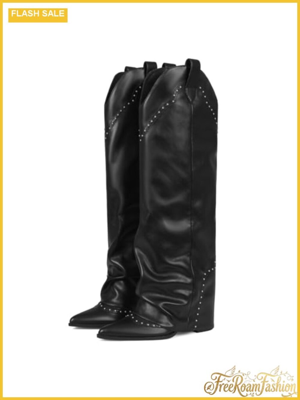Women's Knee High Boots Vegan Leather Fold Over Block Heel Snip Toe